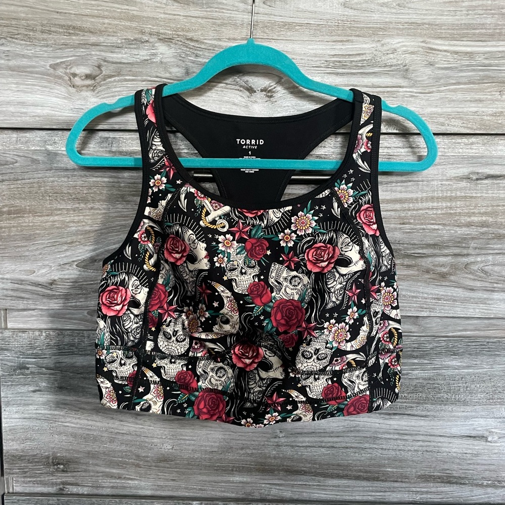 Torrid active Black/multi tattoo Active bra sz1 1x